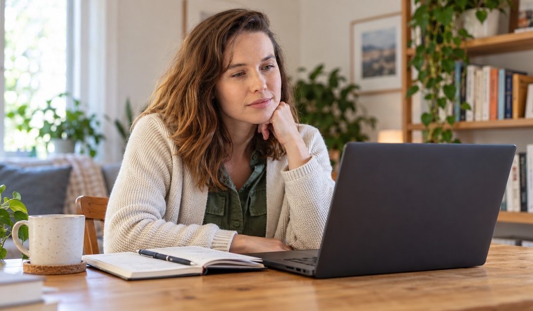 A woman with shoulder-length wavy hair carefully reads relationship information on a matte black laptop at a plain pine table.