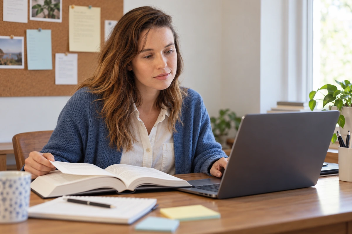 Woman comparing material in a book with information on her laptop